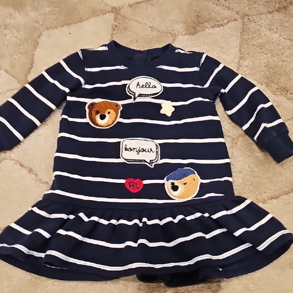Ralph Lauren Polo Bear Ruffled Tiered Blue and White Stripped Dress NWOT